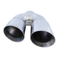  76mm (3") In, Twin 3 1/2" Out, 9" Long, Double Wall Staggered Cut, 304ss, 