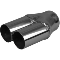  57mm (2 1/4") In, Twin 2 1/2" Out,  Long, Straight Cut, 304ss