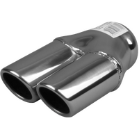  57mm (2 1/4") In, Twin 2 1/2" Out,  Long, Angle Cut / Rolled In, 304ss