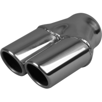  57mm (2 1/4") In, Twin 2 1/2" Out,  Long, Angle Cut / Rolled In, Bumper Cut, 304ss